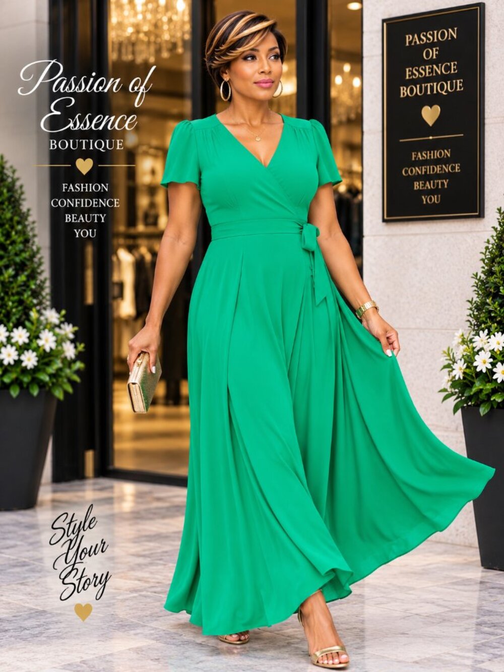Green Wrap Maxi Dress Rayon Boho Tie Waist Size M/L
